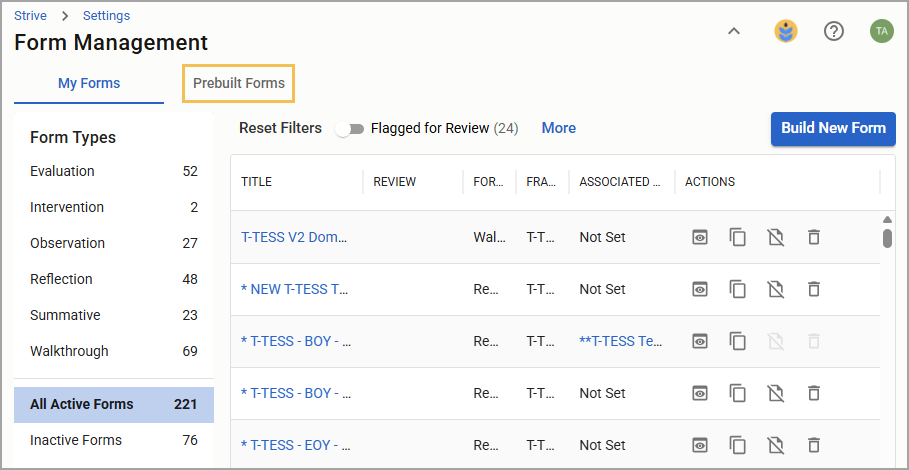 The Prebuilt Forms tab on the Form Management screen.